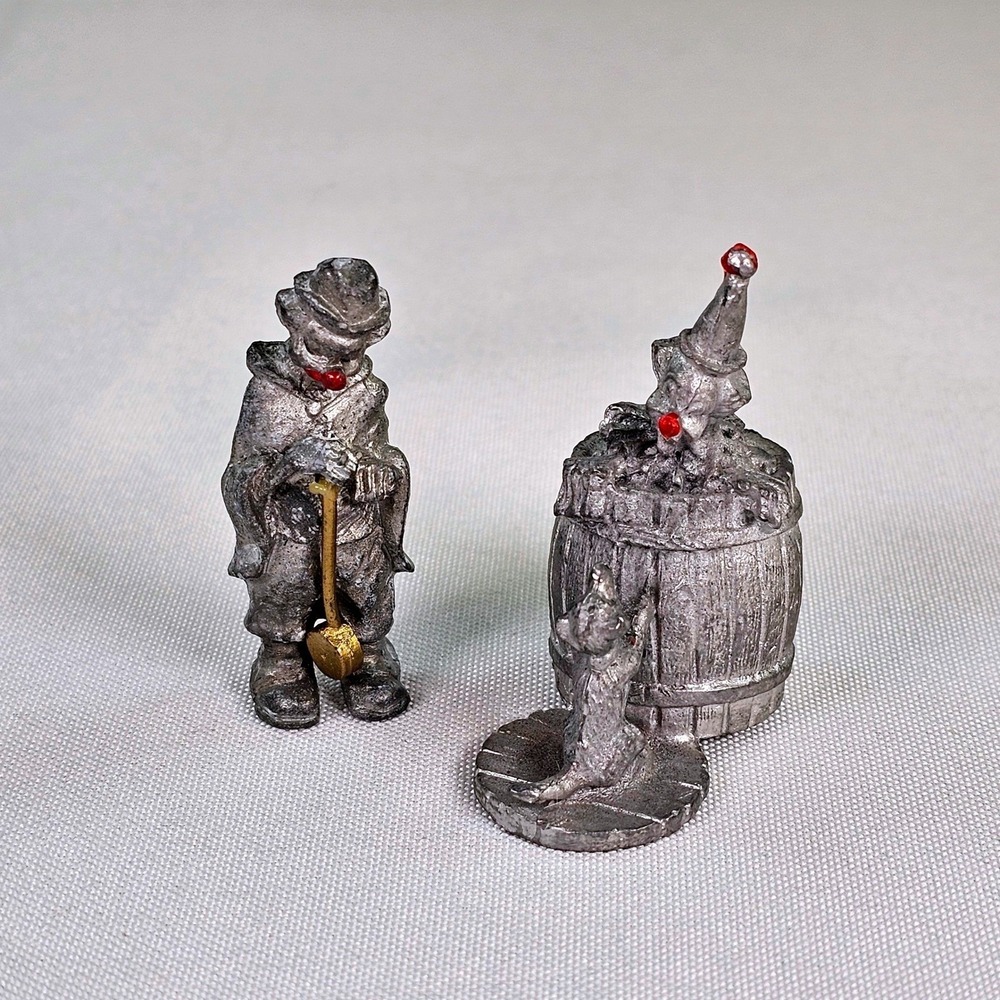 Vintage Miniature Pewter Clown Figurines Set of 2 Hobo and Barrel Circus Decor